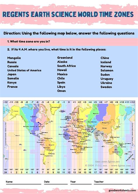 Printable Regents Earth Science World Time Zones Worksheets World Time Zones Worksheet Answer Key - World Time Zones Worksheet Answer Key