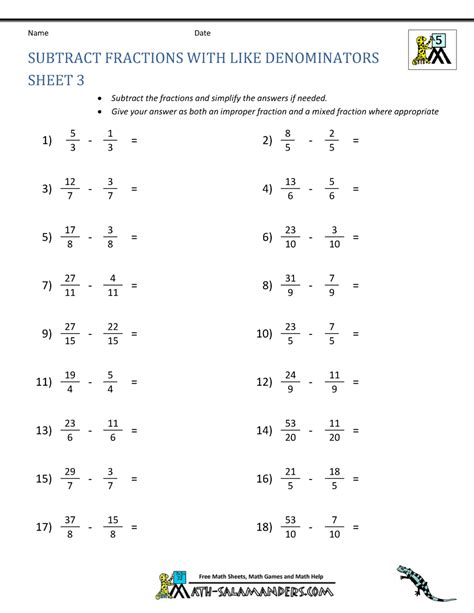 Printable Subtracting Fractions With Like Denominator Worksheets Subtracting Fractions With Like Denominators Worksheet - Subtracting Fractions With Like Denominators Worksheet