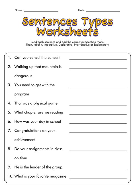 Printable Types Of Sentence Worksheets Education Com Type Of Sentence Worksheet - Type Of Sentence Worksheet