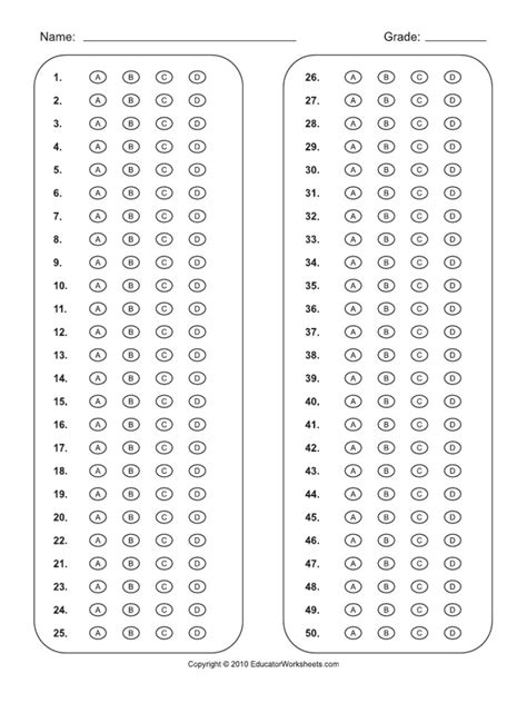 Read Printable Answer Sheet 1 50 