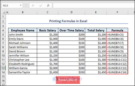 printing formulas in excel