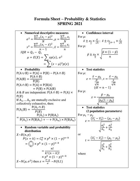 Probability Statistics Engineering Formula Sheets