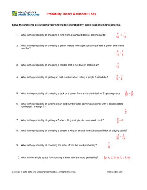 Probability Theory Math Goodies Probability Of Numbers Worksheet Answers - Probability Of Numbers Worksheet Answers
