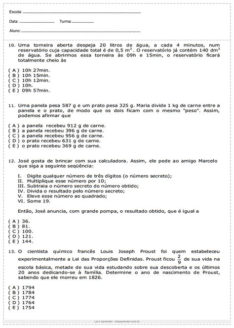 Problemas De Matematica 6 Ano Multiplicacao