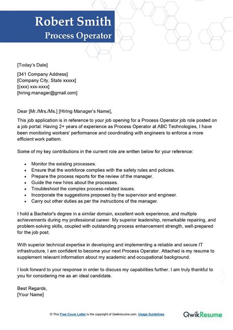 Process Operator Cover Letter Examples