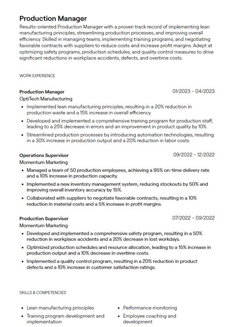 production manager resume objective examples