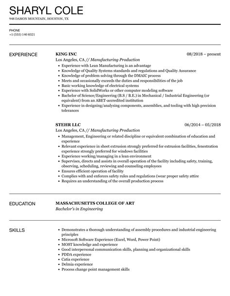 production manufacturing resume samples