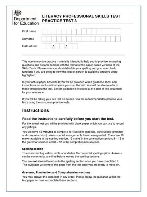 professional skills test practice literacy