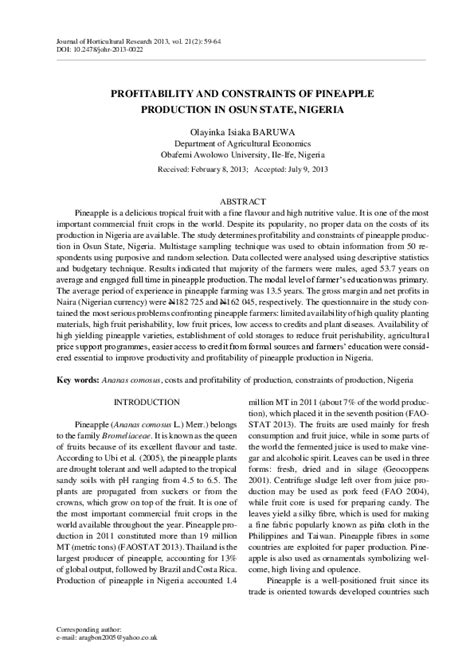 Download Profitability And Constraints Of Pineapple Production In 