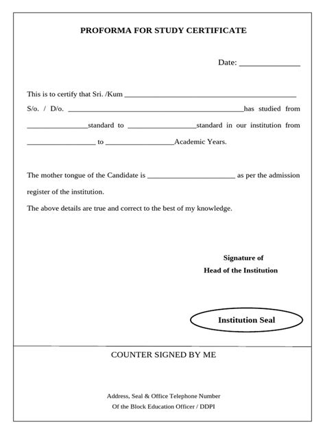 Proforma For Study Certificate
