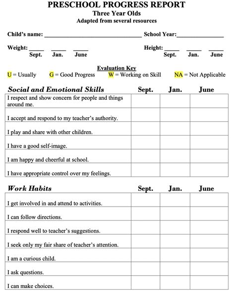 Progress Report For Preschool