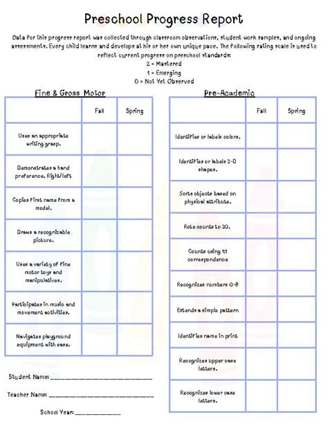 Progress Report Format For Preschool