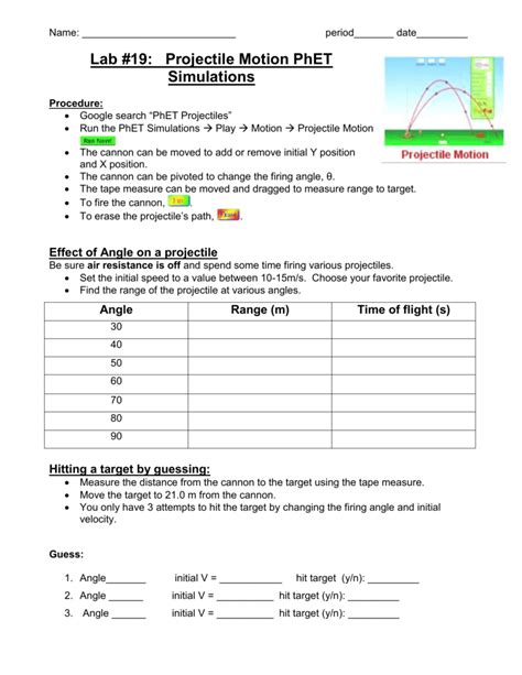 projectile motion phet simulations lab answers