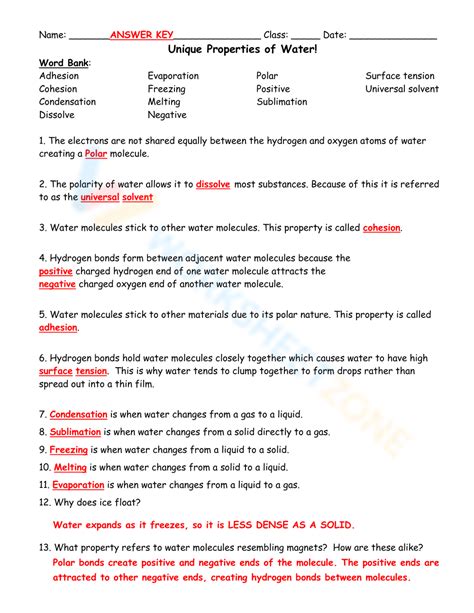 Properties Of Water Answer Key