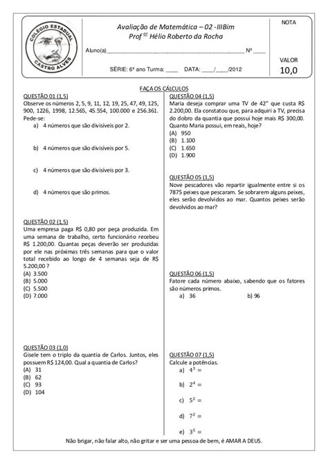Prova De Matematica 6 Ano