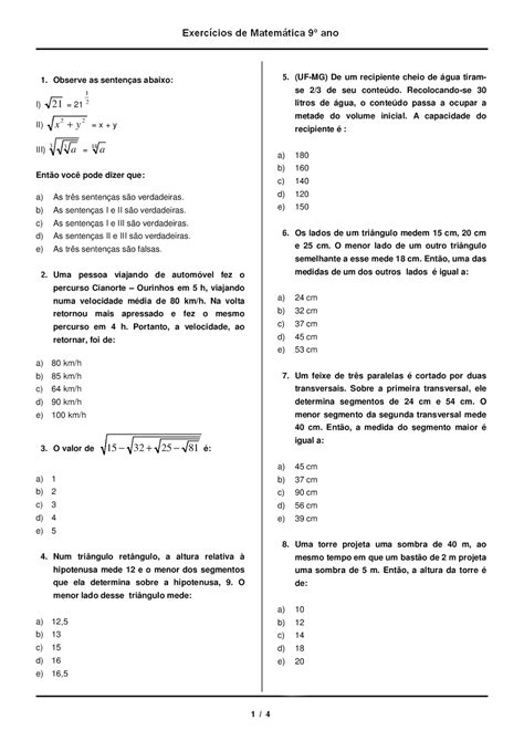 Prova De Matematica 9 Ano 4 Bimestre
