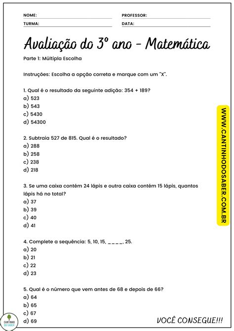 Prova De Matematica Do 3 Ano