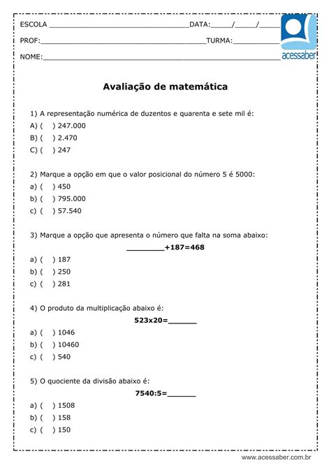 Prova De Matematica Do 4 Ano