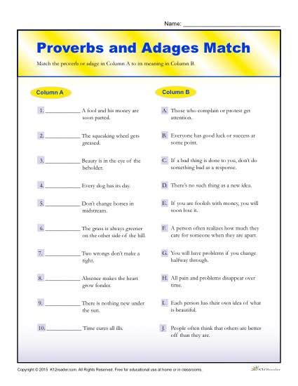 Proverbs And Adages Match Worksheet For 4th And Proverbs And Adages 5th Grade - Proverbs And Adages 5th Grade