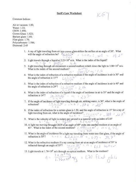 Ps20 Snells Law Worksheet And Answers Pdf Scribd Snells Law Worksheet Answers - Snells Law Worksheet Answers