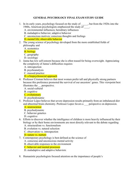 Psychology Final Exam Study Guide