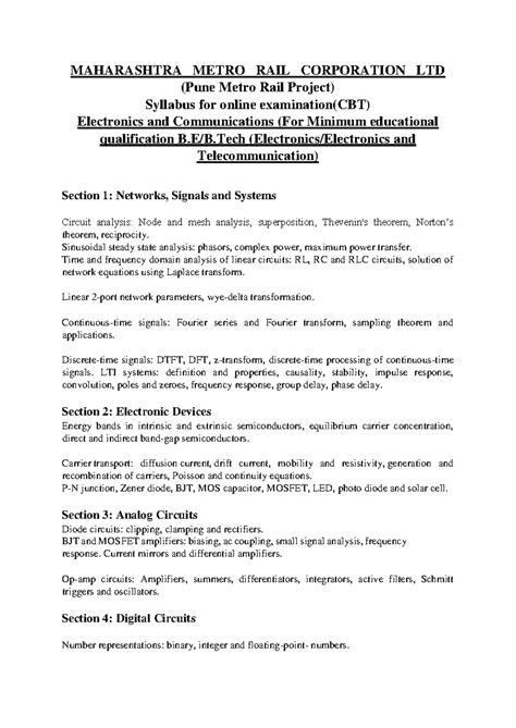 Pune Metro Syllabus