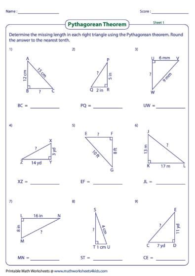pythagorean theorem practice worksheet