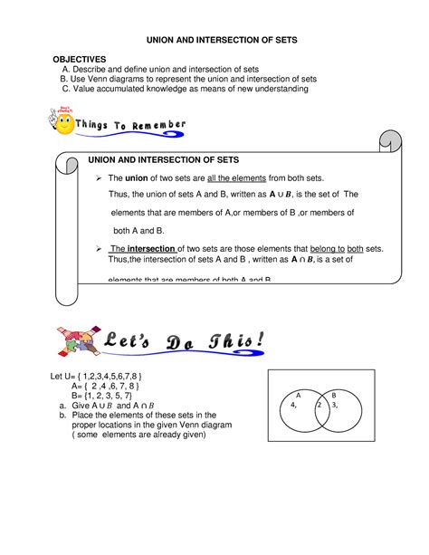 Q1 Laa 2 Worksheet In Grade 7 Math Union And Intersection Of Sets Worksheet - Union And Intersection Of Sets Worksheet