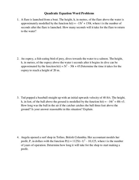 Quadratic Formula Word Problems Worksheet