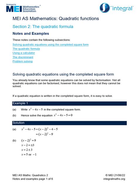 Read Online Quadratic Functions As Mei 