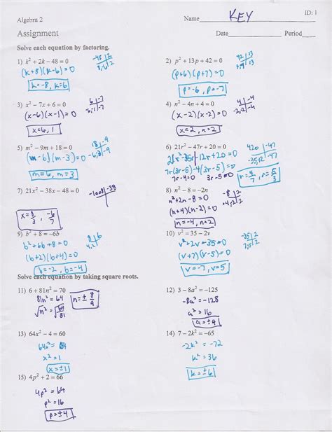 Quadratics Day 1 Assignment Answer Key