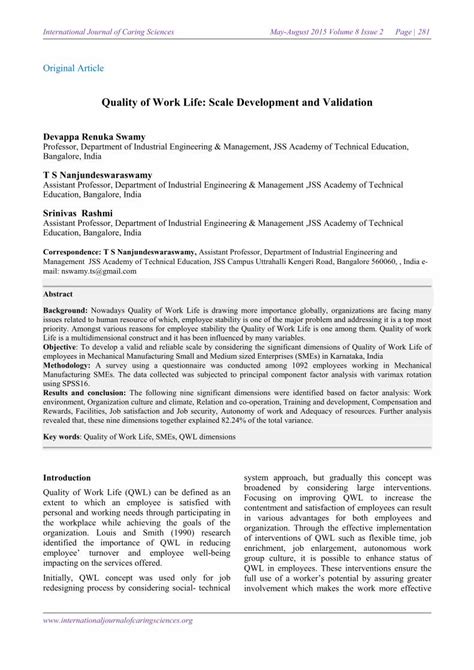 Read Online Quality Of Work Life Scale Development And Validation 