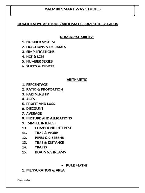 Quantitative Aptitude Syllabus