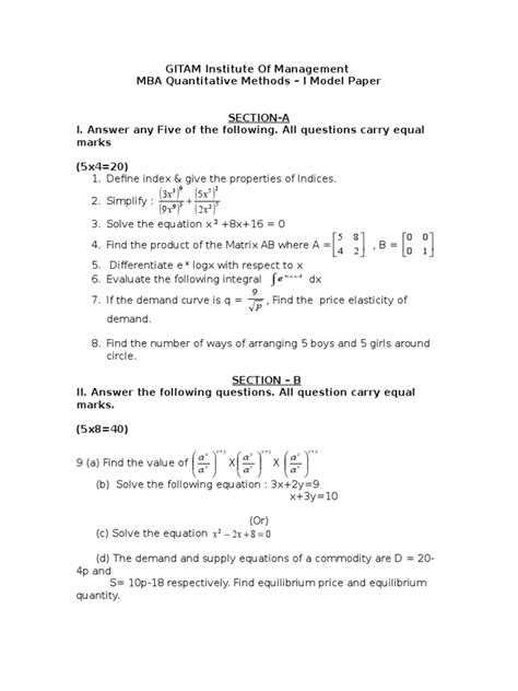 Quantitative Methods Mba Questions And Answers
