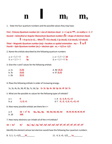Quantum Numbers Worksheet Answer Key Studocu Quantum Number Worksheet With Answers - Quantum Number Worksheet With Answers