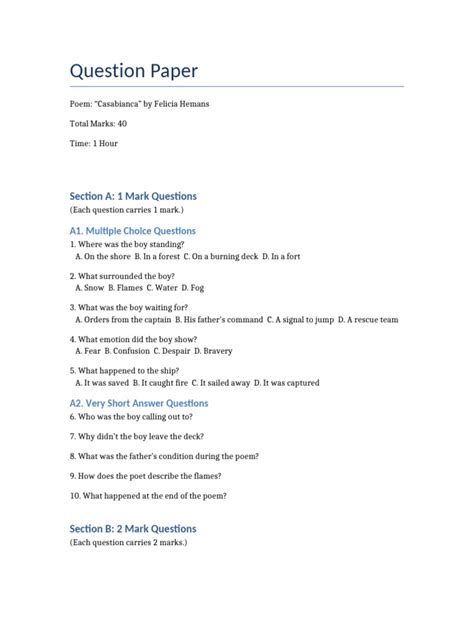 Question And Answer Of Casabianca Poem