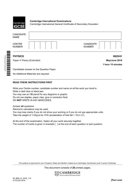 question paper for igcse physics 4420 2006
