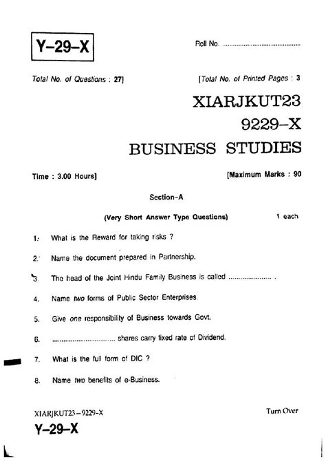 Read Online Question Paper Business Studies Class 11Th 