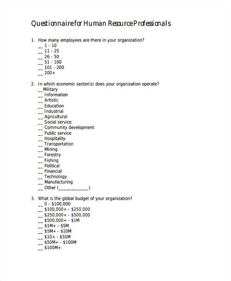Questionnaire For Human Resource Professionals