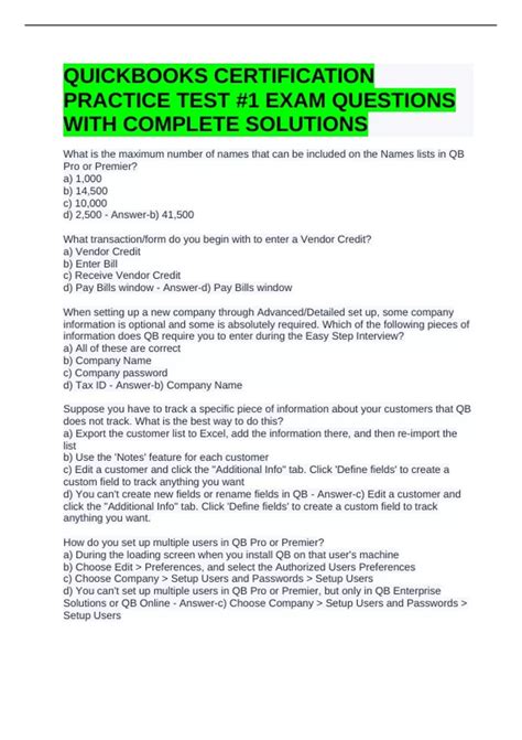 Quickbooks Practice Exam Questions
