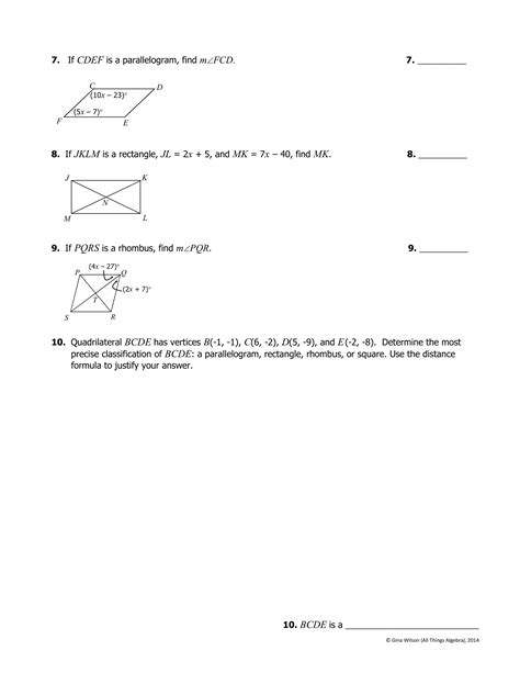 Quiz 7 2 Parallelograms Rectangles Rhombi Squares Answer Key
