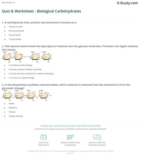 Quiz Amp Worksheet Biological Carbohydrates Study Com Carbohydrates Worksheet Biology - Carbohydrates Worksheet Biology