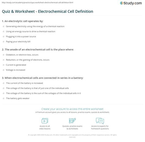 Quiz Amp Worksheet Electrochemical Cell Definition Study Com The Electrochemical Cell Worksheet - The Electrochemical Cell Worksheet