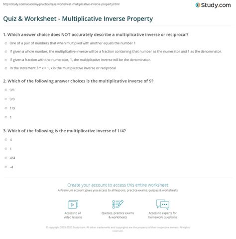 Quiz Amp Worksheet Multiplicative Inverse Property Study Com Multiplicative Inverse Worksheet - Multiplicative Inverse Worksheet