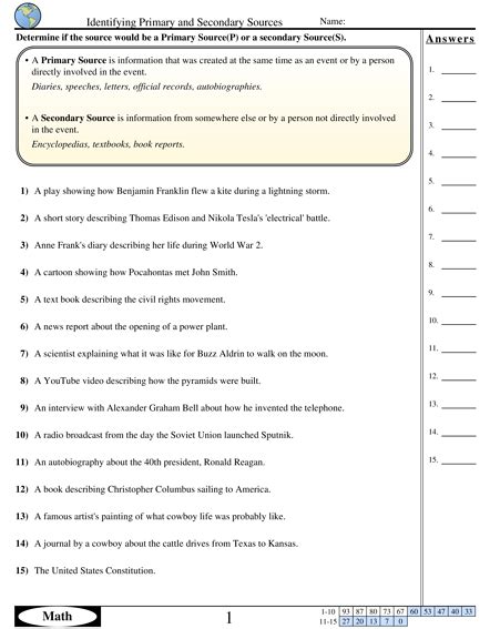 Quiz Amp Worksheet Primary Vs Secondary Historical Resources Primary And Secondary Sources Worksheet Answers - Primary And Secondary Sources Worksheet Answers