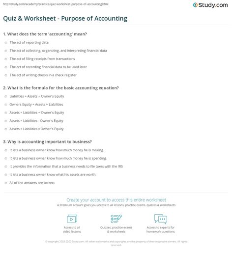 Quiz Amp Worksheet Purpose Of Accounting Study Com Accounting Practice Worksheet - Accounting Practice Worksheet