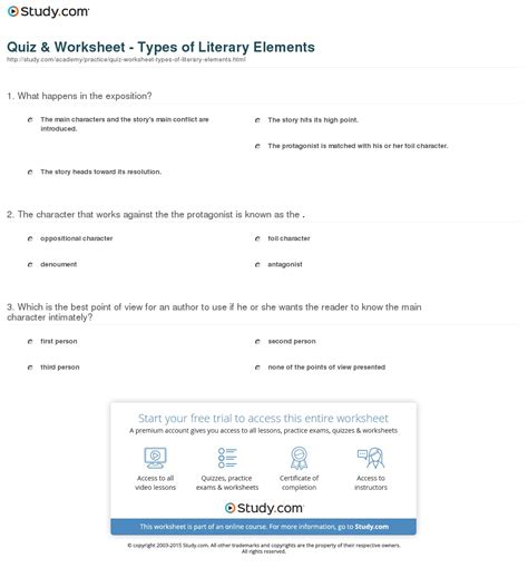 Quiz Amp Worksheet Types Of Literary Elements Study Literary Elements Worksheet High School - Literary Elements Worksheet High School