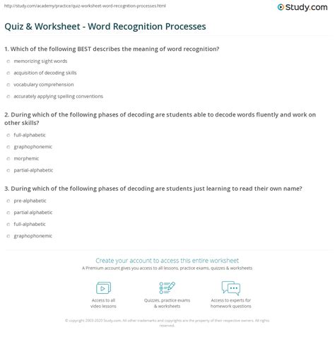 Quiz Amp Worksheet Word Recognition Processes Study Com Word Recognition Worksheet - Word Recognition Worksheet