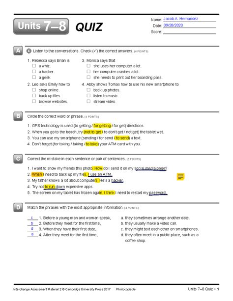 quiz answer key interchange 2 third edition