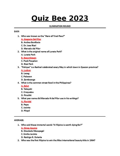 Full Download Quiz Bee Questions And Answers 